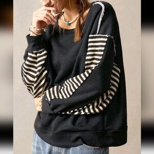 Loose Fit Drop-Shoulder Long Sleeve Round Neck Striped Knit Pullover Sweatshirt